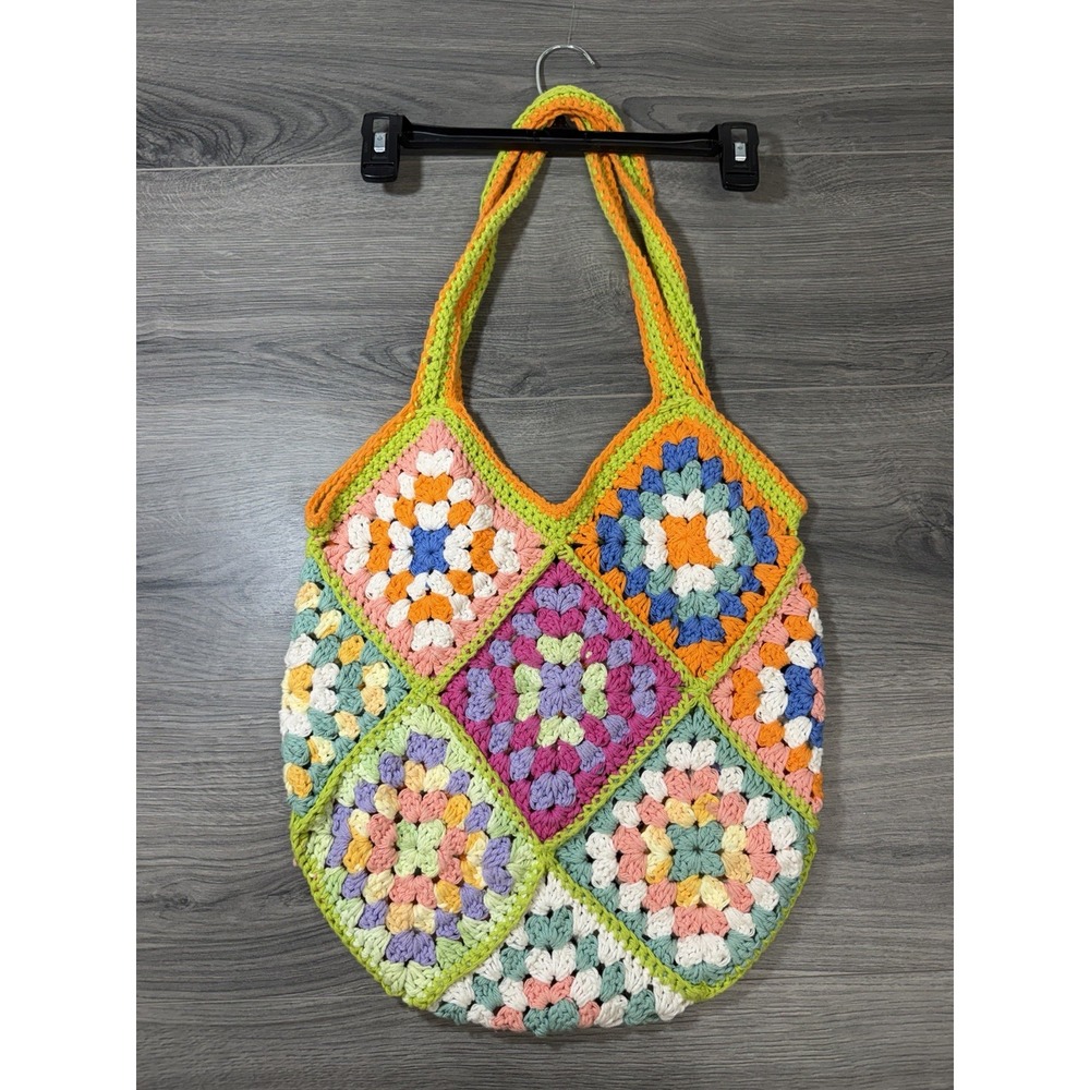 Handmade Crochet Granny Square Tote Bag Multicolor Boho Hippie Travel Bright